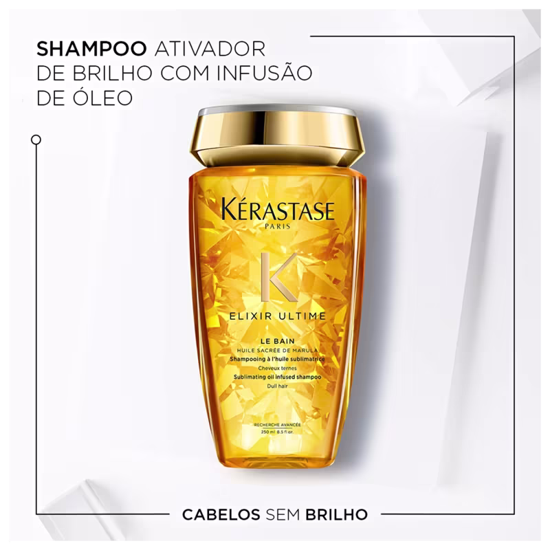 Shampoo ativador de brilho com infusão de óleo da marca Kérastase. Frasco transparente âmbar com tampa dourada. Indicação para cabelos sem brilho.