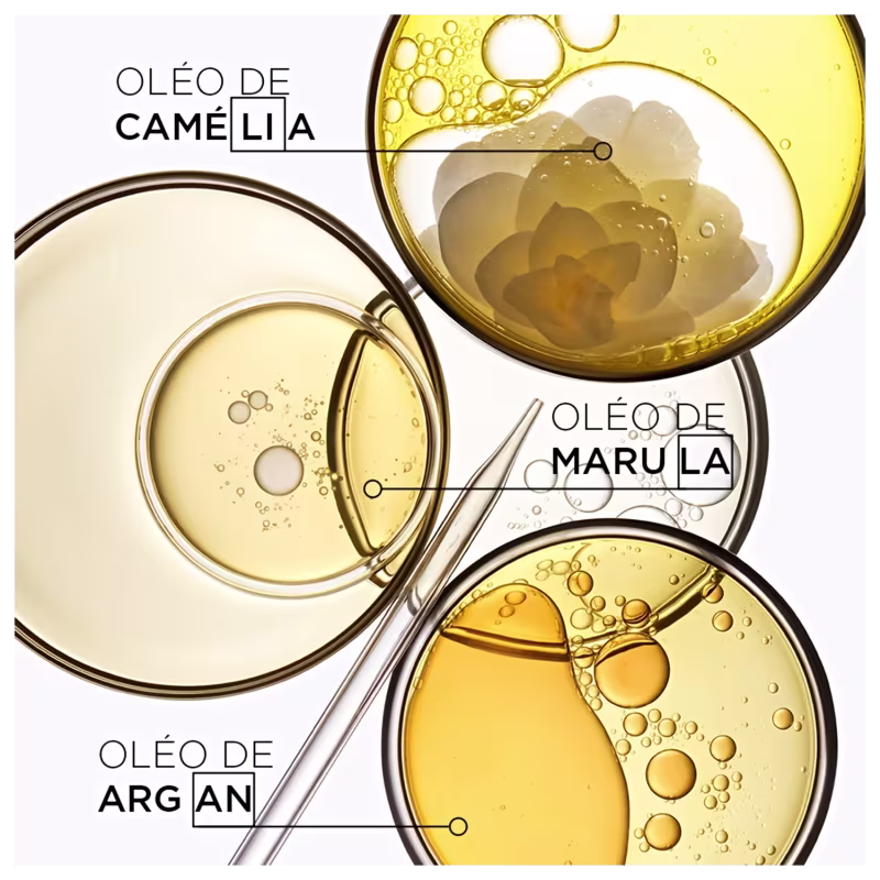 A imagem mostra os ingredientes, indicados como óleo de camélia, óleo de marula e óleo de argan.