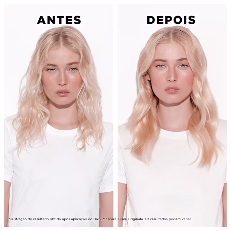 A imagem mostra uma mulher loira antes e depois de usar Elixir Ultime da marca Kérastase. As palavras "ANTES" e "DEPOIS" estão escritas na parte superior das fotos lado a lado.