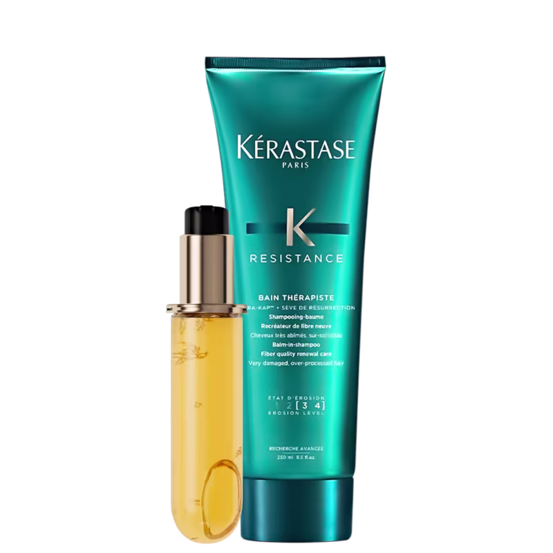 A imagem mostra o shampoo Kérastase Resistance Bain Thérapiste, embalagem azul turquesa; e óleo capilar refil Elixir Ultime, frasco de vidro âmbar com tampa em dourado e preto.