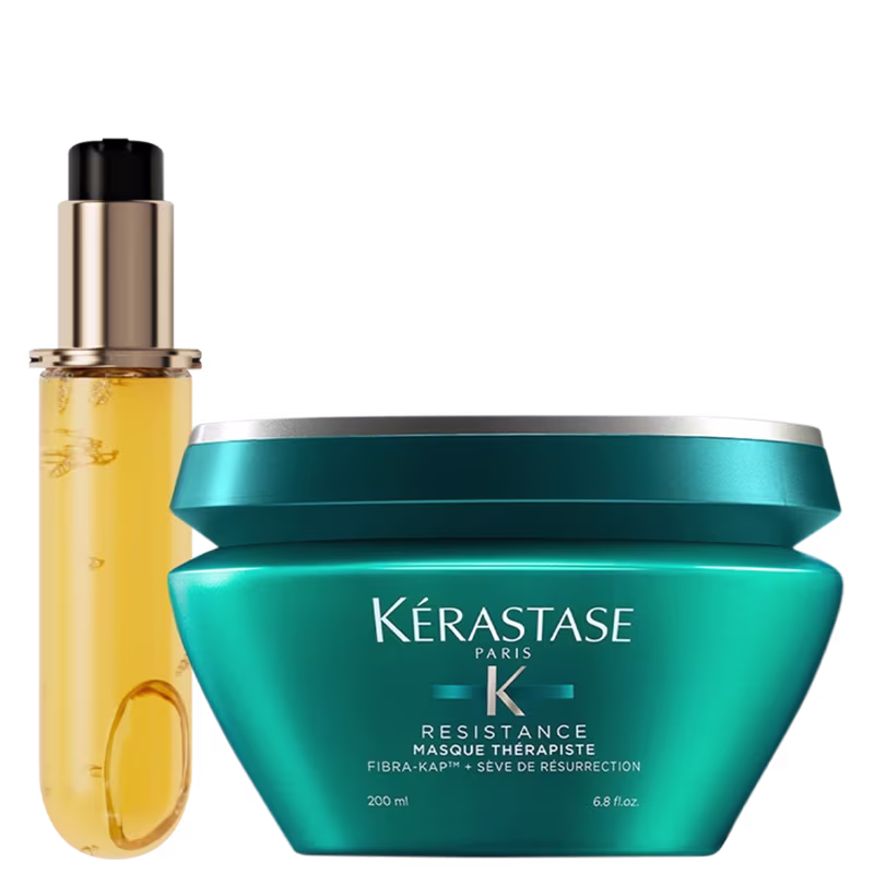 A imagem mostra um frasco de vidro âmbar contendo refil do óleo capilar Elixir Ultime e um pote redondo verde-azulado com a marca Kérastase e o nome "Resistance Masque Therapiste" impresso.