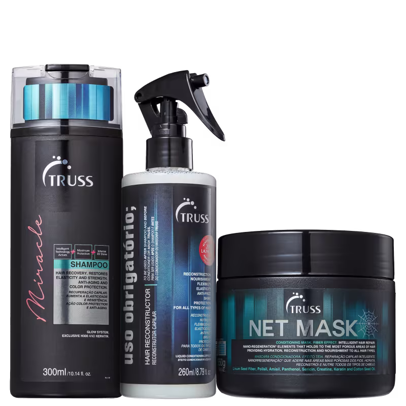 A imagem mostra três produtos da marca TRUSS: um frasco de shampoo, um frasco de spray reconstrutor e um pote de máscara capilar.