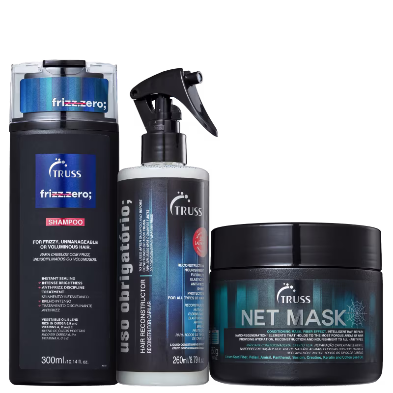 A imagem mostra três produtos de cuidados capilares da marca TRUSS. O primeiro é um shampoo em um frasco plástico, o segundo é um condicionador líquido em um frasco com borrifador, o terceiro é uma máscara capilar em um pote preto.
