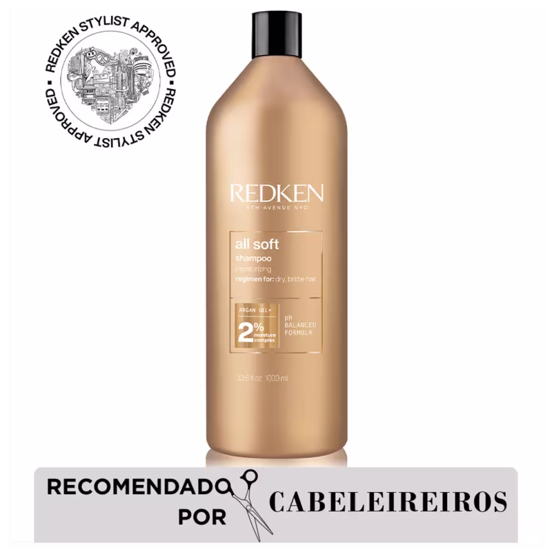 Produto de cabelo Redken All Soft Shampoo em embalagem plástica marrom dourada de 1000ml. Rótulo com texto "all soft shampoo". Parte inferior da embalagem exibe "Recomendado por Cabeleireiros" em português.