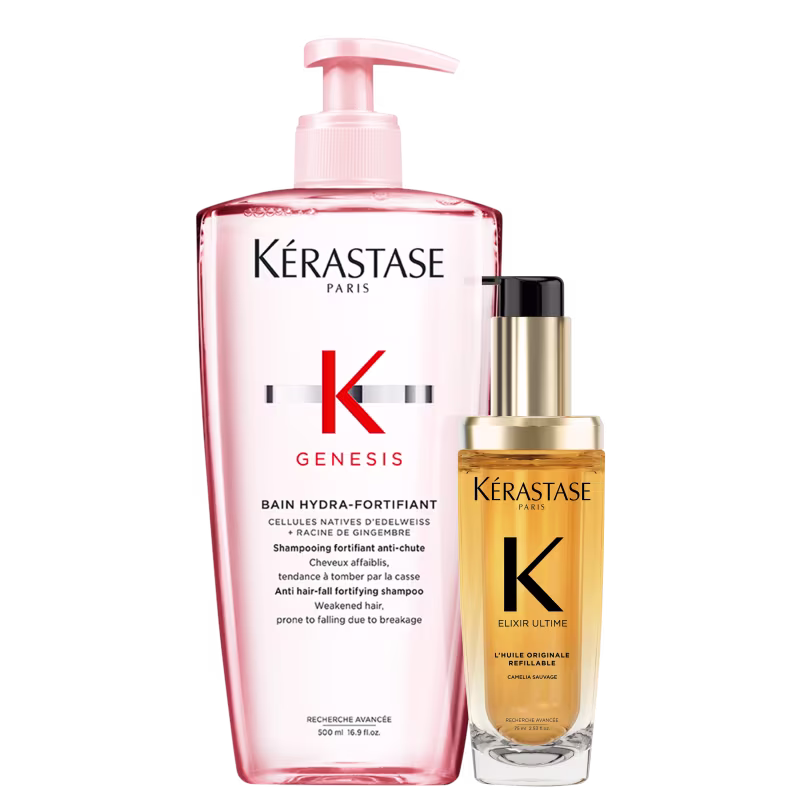 Kit Kérastase Genesis Elixir Ultime L'Huile Originale Refillable, com 2 produtos, um shampoo e um óleo refilável capilar.
