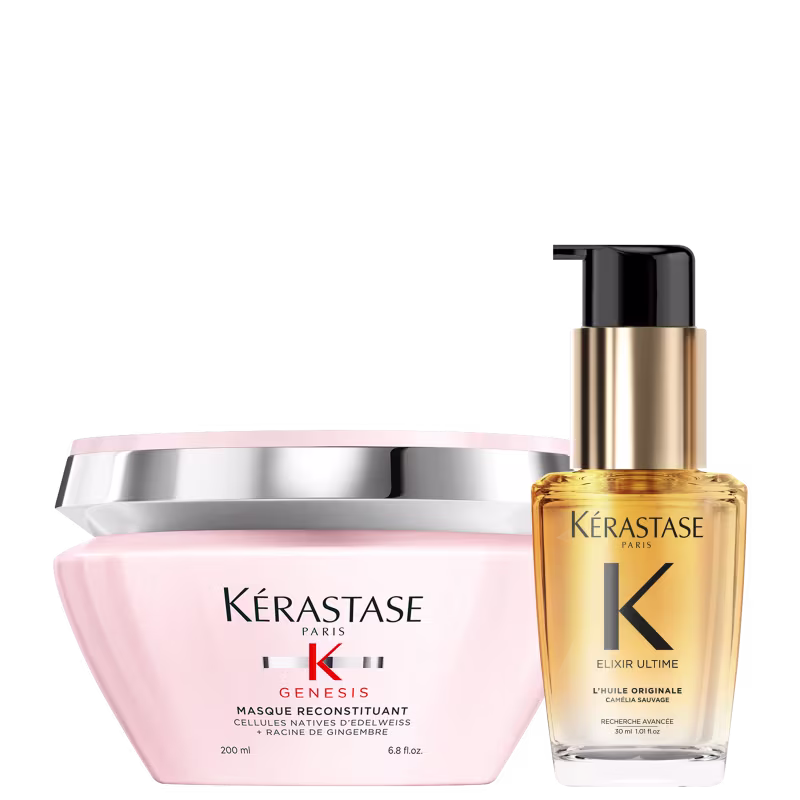 Kit Kérastase Genesis Reconstituant Elixir Ultime Refillable, com 2 produtos, uma máscara e um óleo miniatura capilar.