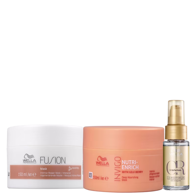 Kit Wella Professionals Fusion Invigo Trio Light, com uma máscara Invigo, uma máscara Fusion e um óleo Oil Reflections
