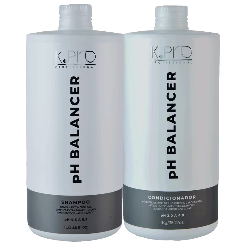 A imagem mostra dois frascos de produtos de cabelo da marca K.Pro Professional. O frasco da esquerda é um shampoo com pH entre 4.5 e 5.5, enquanto o frasco da direita é um condicionador com pH entre 3.0 e 4.0.
