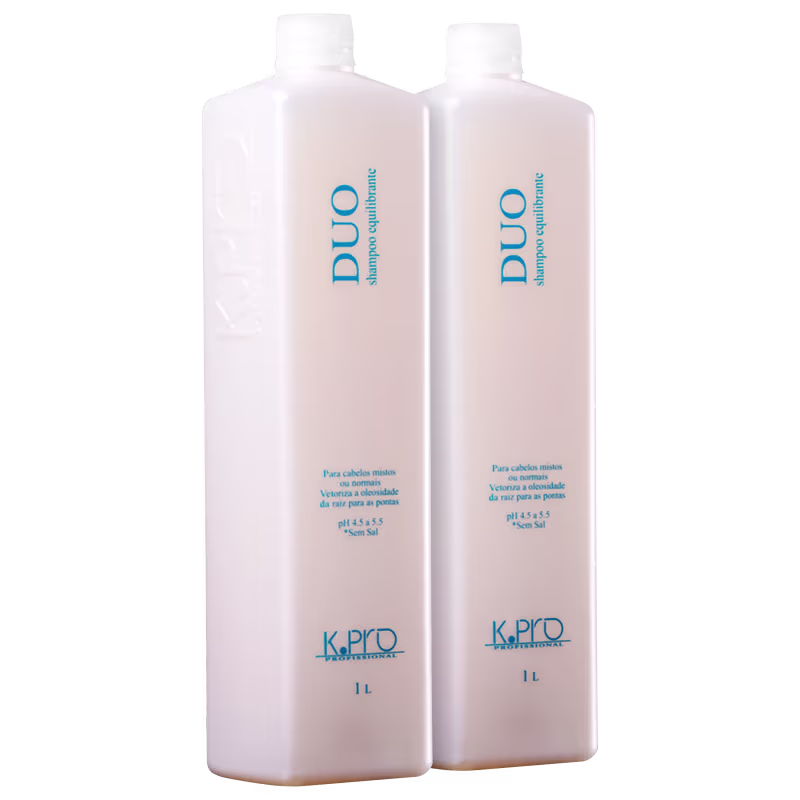 O produto apresentado na imagem são dois frascos de shampoo da marca K.Pro. Os frascos são brancos e possuem rótulos com o nome da marca e informações sobre o produto, como o pH e o volume de 1 litro.