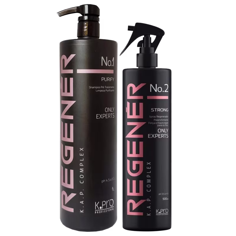 O produto de beleza apresentado na imagem é um conjunto de dois itens da marca K.Pro. O primeiro item é um frasco de shampoo com a etiqueta "No.1 PURIFY" e o segundo item é um frasco de spray com a etiqueta "No.2 STRONG".