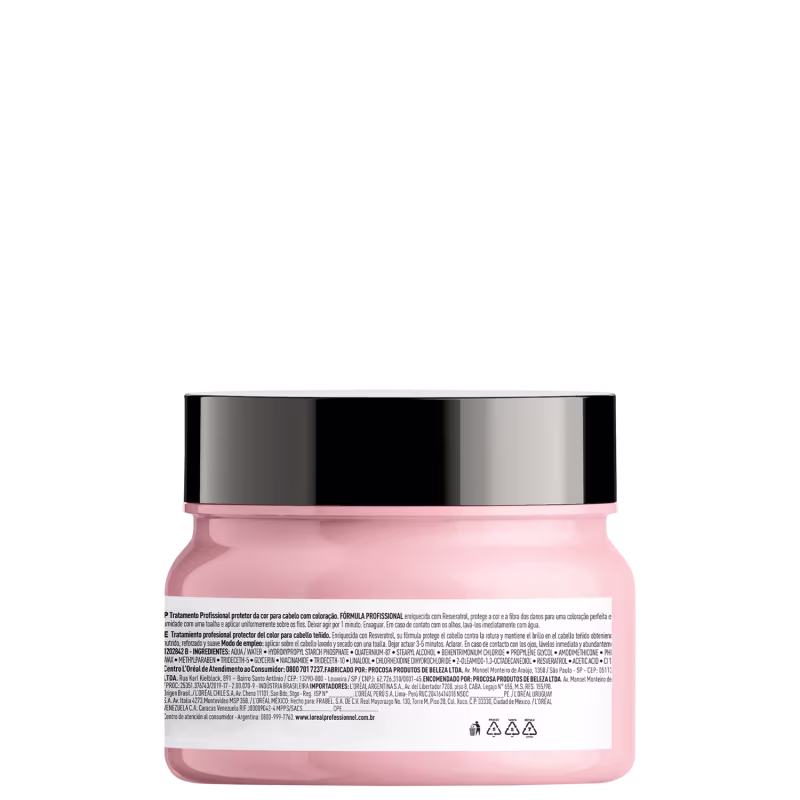Este é um creme ou máscara capilar da linha L'Oréal Professionnel. O produto vem em um pote plástico rosa claro com uma tampa preta brilhante.