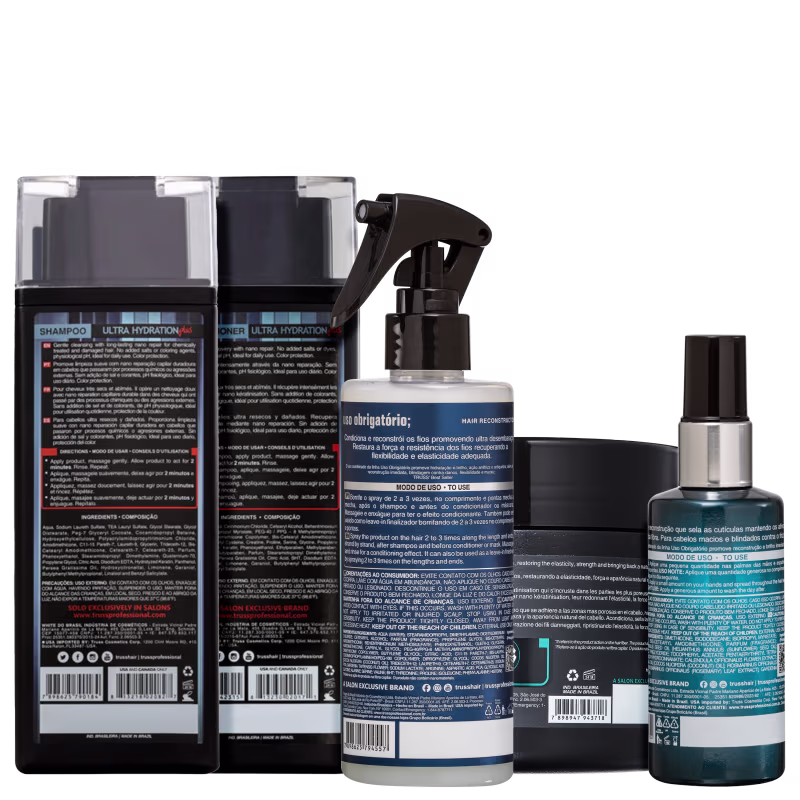 Verso das embalagens com composição, modo de uso e código de barras.