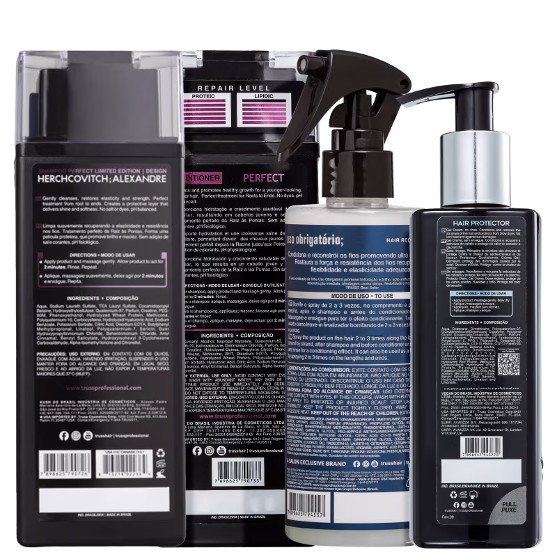 A imagem mostra o verso dos produtos com benefícios, modo de uso, ingredientes e outras informações.