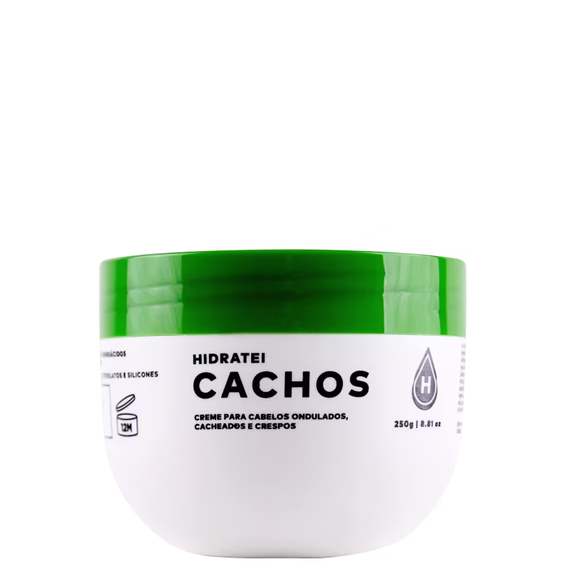 O produto apresentado é um creme para cabelos ondulados, cacheados e crespos da marca Hidratei. A embalagem é um pote branco com tampa verde, contendo 250g do produto.