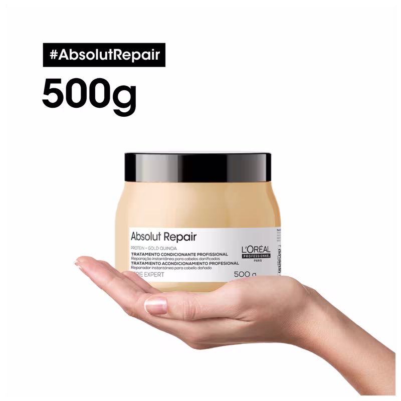 É um tratamento condicionante para cabelos danificados da linha Absolut Repair da L'Oréal Professionnel. O produto vem em um pote plástico bege com tampa preta de 500g.