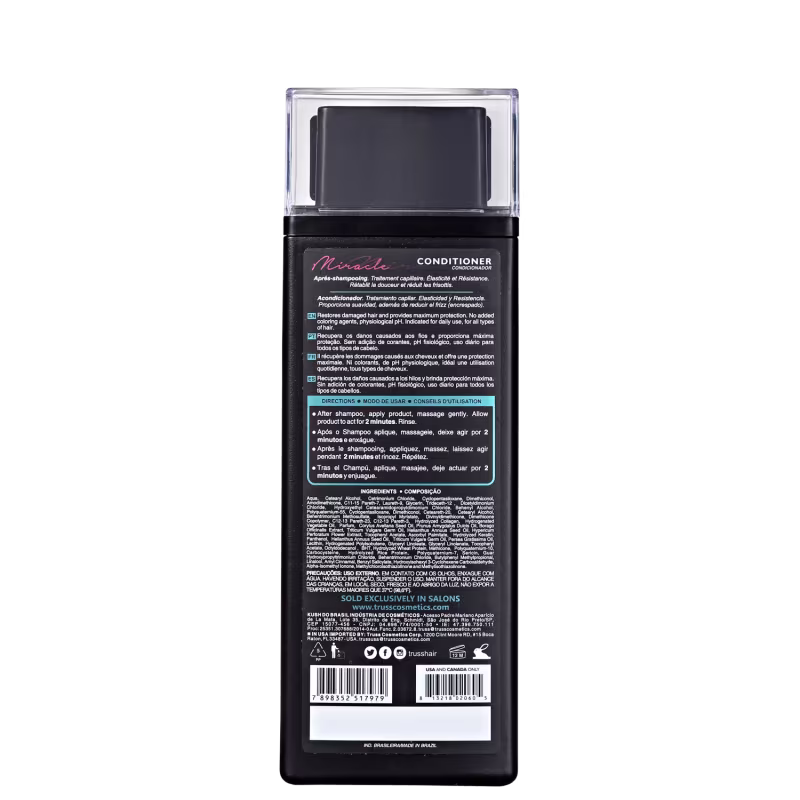 Condicionador Miracle, da marca TRUSS. Imagem do verso da embalagem.