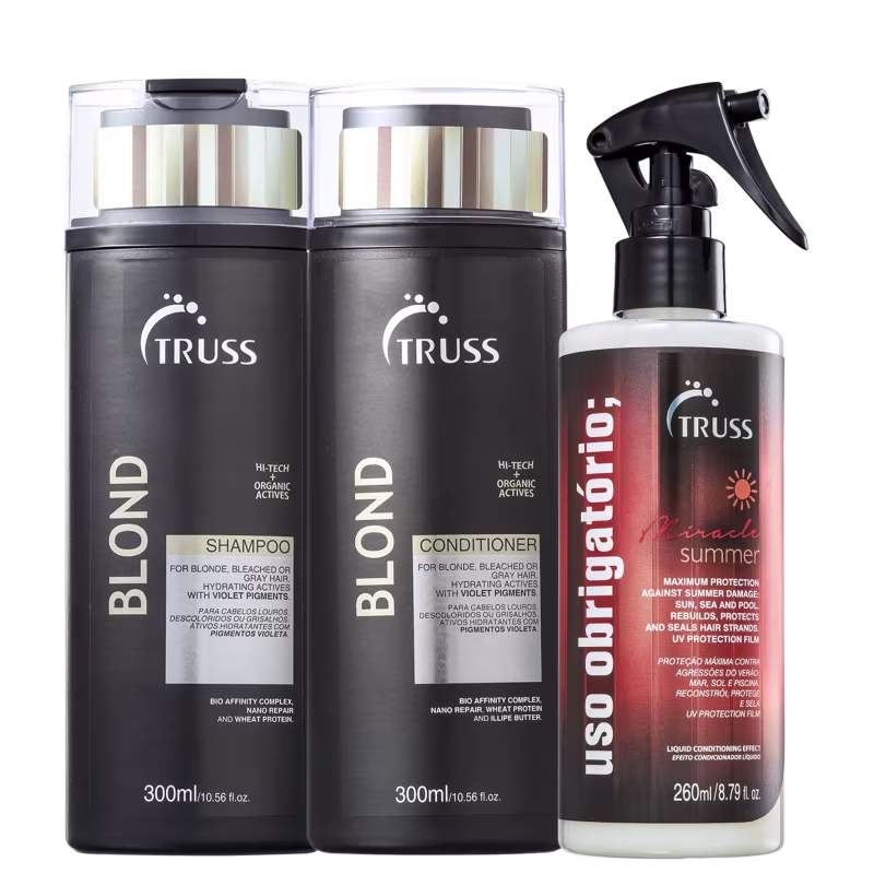 Kit com shampoo, condicionador Blond e tratamento reconstrutor Uso Obrigatório Miracle Summer, da marca TRUSS.