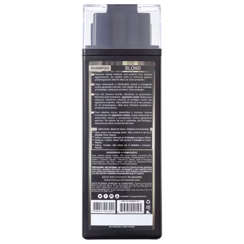 Shampoo Blond, da marca TRUSS. Imagem do verso da embalagem.