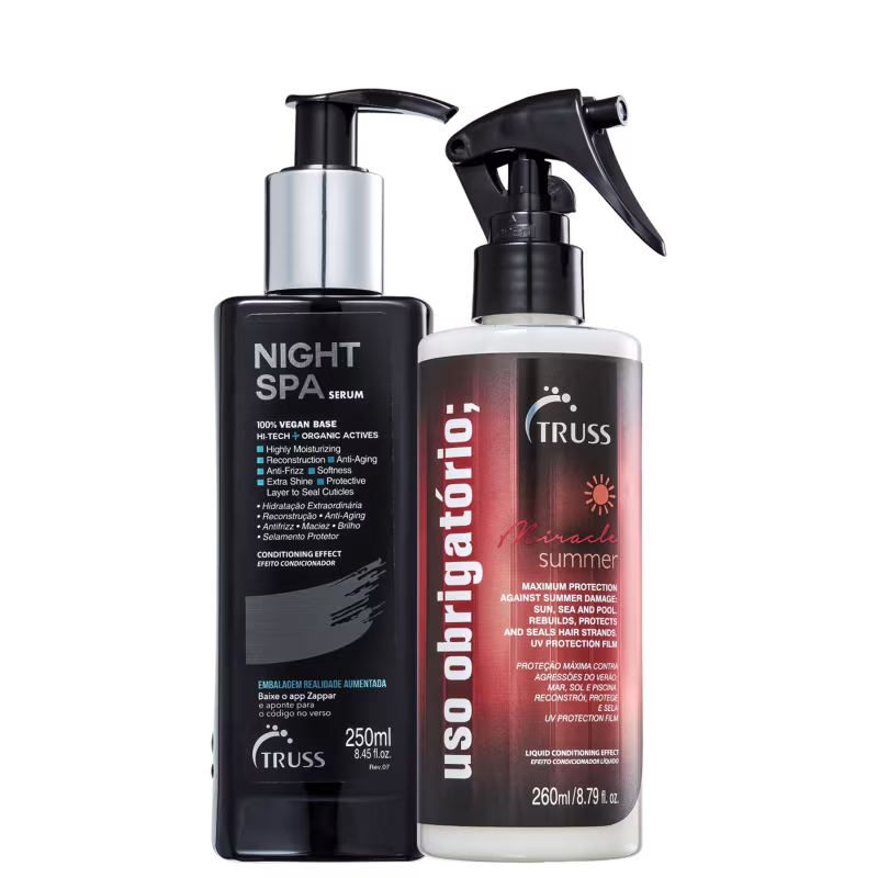 Kit com sérum de tratamento noturno Night SPA e tratamento reconstrutor Uso Obrigatório Miracle Summer, da marca TRUSS.