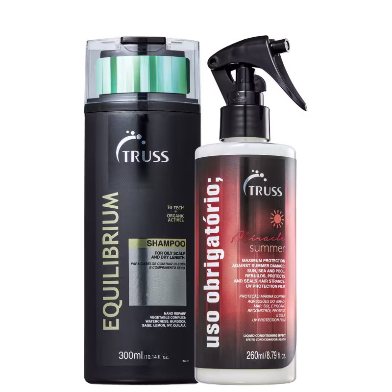 Kit com shampoo Equilibrium e tratamento reconstrutor Uso Obrigatório Miracle Summer, da marca TRUSS.