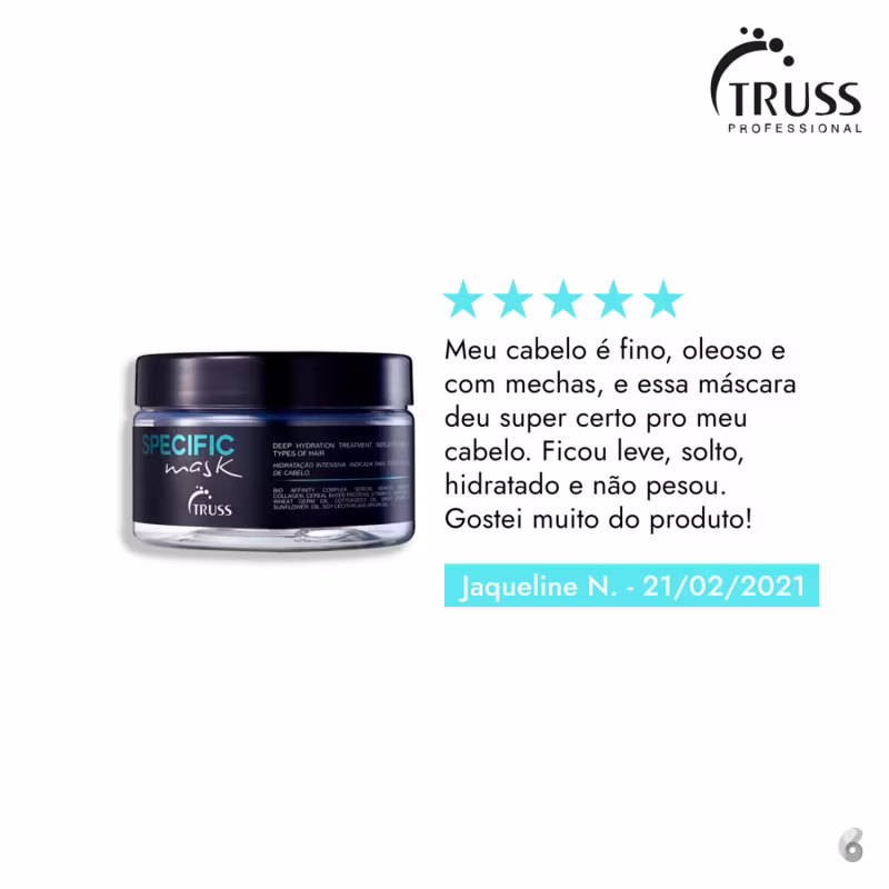 O produto apresentado é uma máscara de tratamento capilar da linha Specific da marca Truss Professional. A embalagem é um pote transparente com tampa preta.