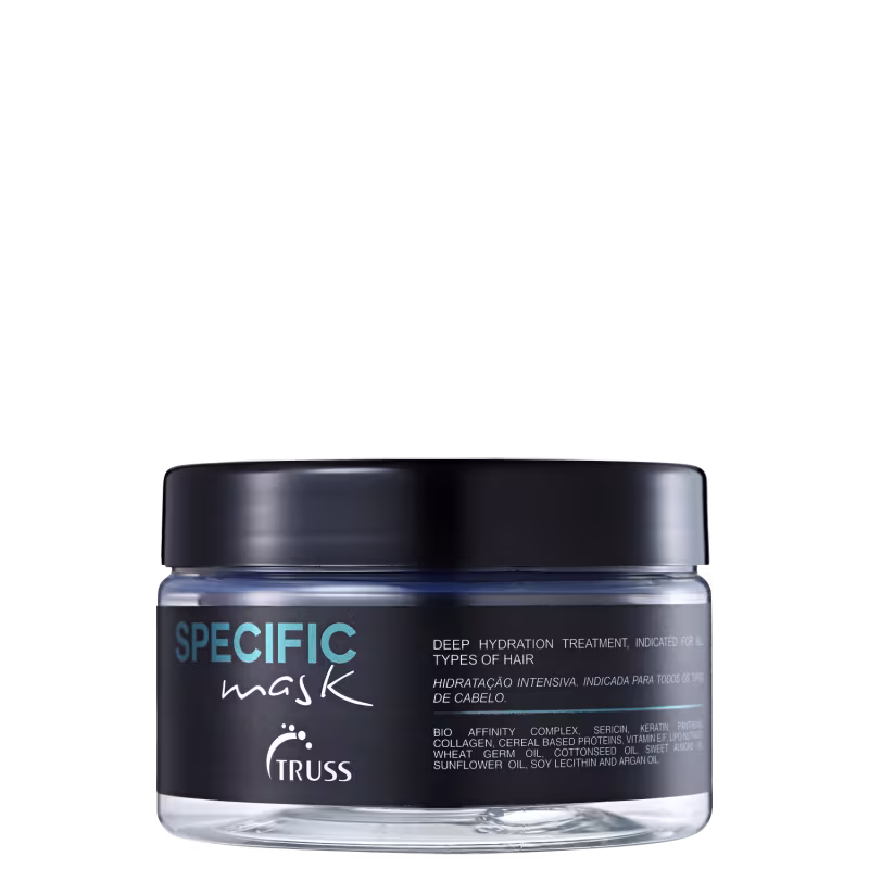 A imagem mostra o pote redondo da máscara specific mask.