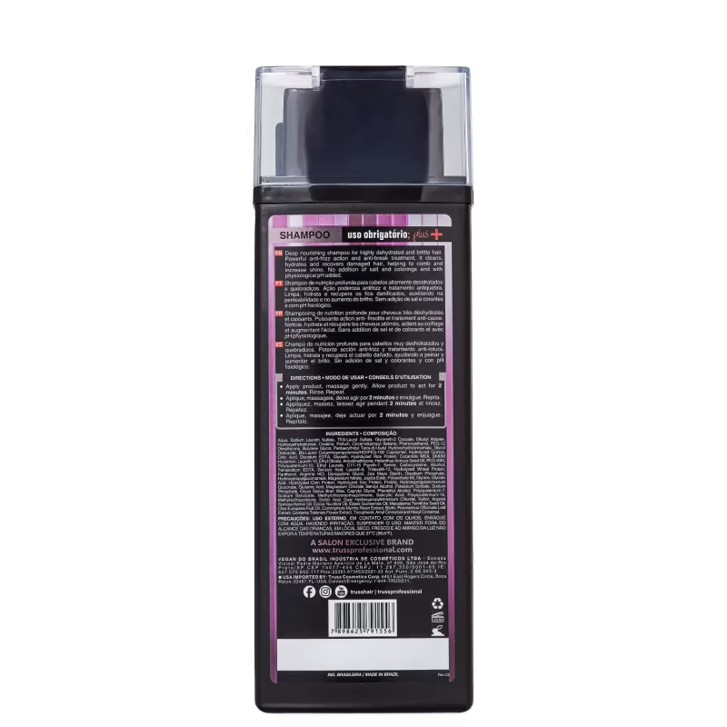 A imagem mostra o verso do frasco com informações sobre o shampoo.