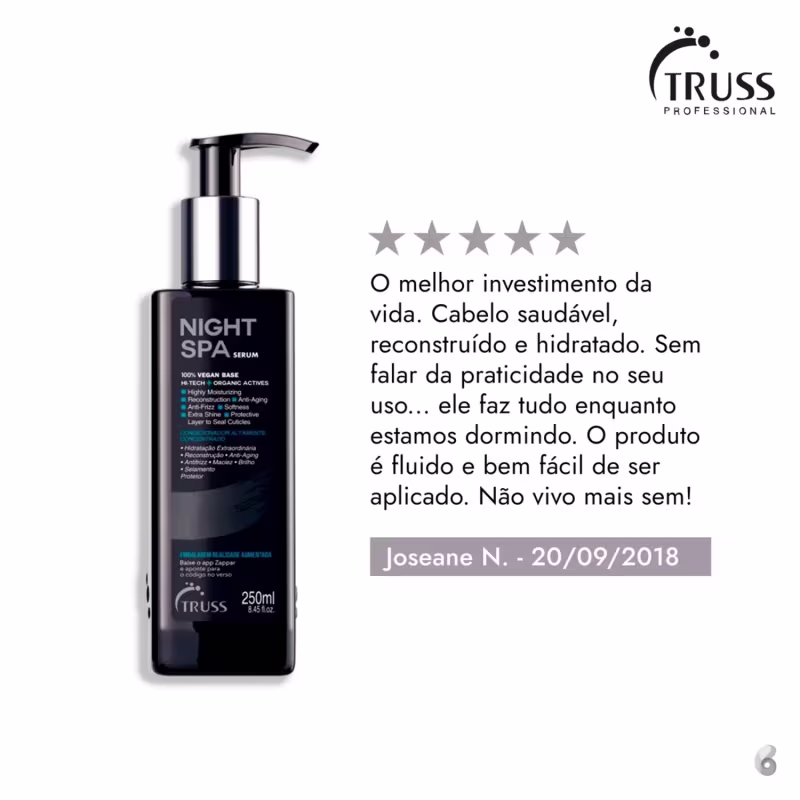 Sérum noturno da linha Night Spa da marca TRUSS. A embalagem tem rótulos com o nome do produto "Night Spa Serum" e informações sobre seus benefícios, como hidratação, reconstrução capilar e proteção.