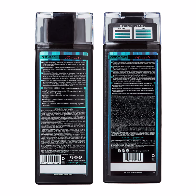 A imagem mostra o verso da embalagem do shampoo e do condicionador, contendo informações sobre os produtos.
