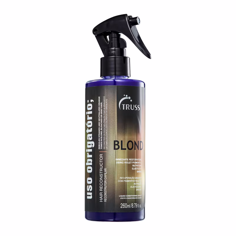 A imagem mostra o frasco do uso obrigatório blond, é cilíndrico com tampa em spray.