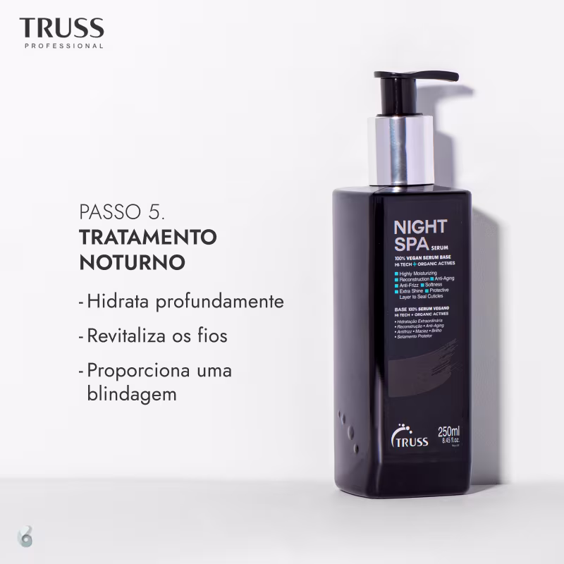 Produto de tratamento noturno para o cabelo da marca TRUSS. Frasco bomba plástico preto com detalhes prateados. Rótulo com o nome "Night Spa Serum" e descrição em português.