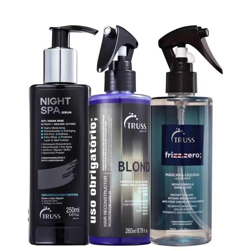 A imagem mostra três produtos de cuidados capilares da marca TRUSS.