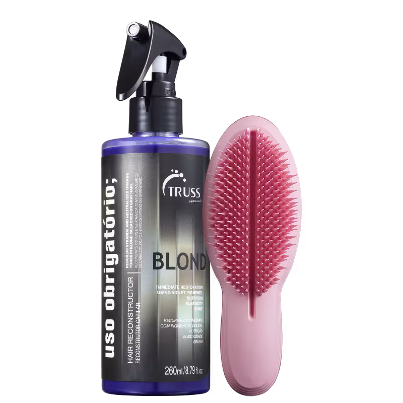 Uso Obrigatório Blond ao lado de uma escova de cabelo rosa em formato oval.