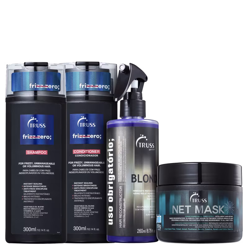 Shampoo e condicionador Frizz Zero, Uso Obrigatório Blond e Net Mask.