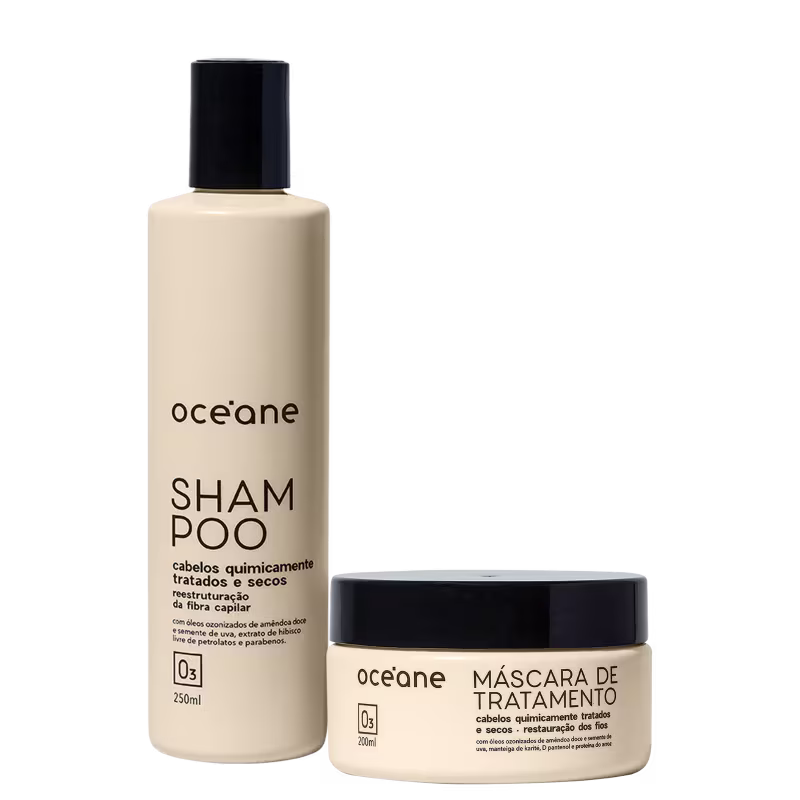 Kit Océane Cabelos Quimicamente Tratados Dupla, com shampoo e máscara de tratamento.