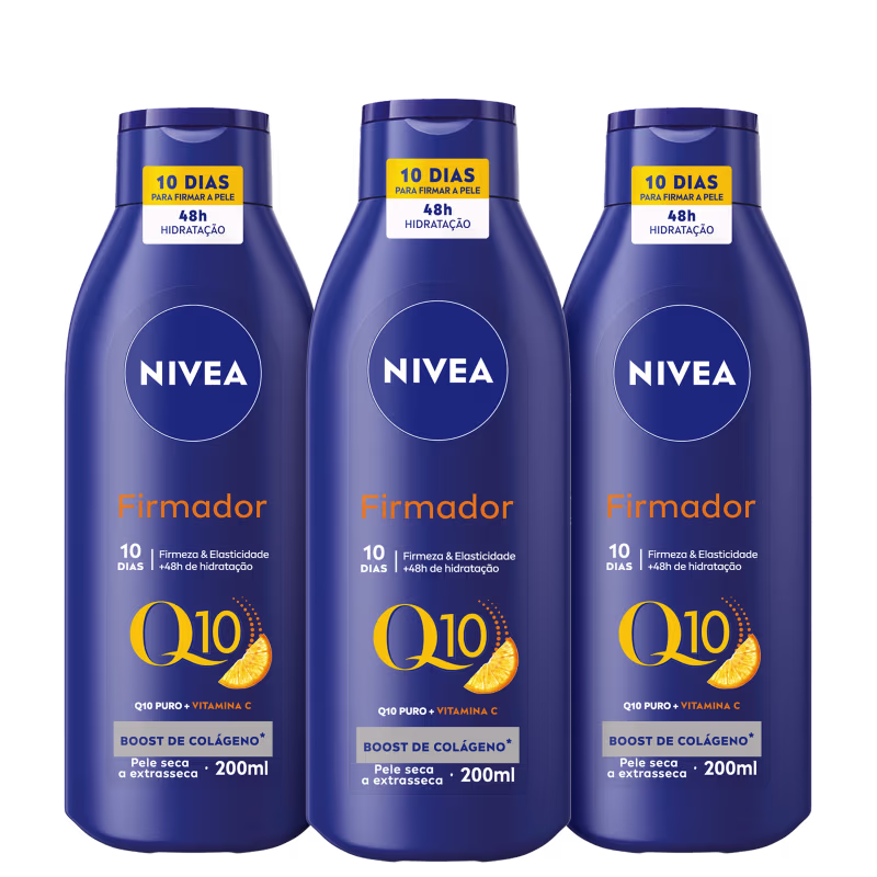 Kit NIVEA com 3 unidades de Loção Hidratante Corporal Firmador Q10 + Vitamina C Pele Seca de 200ml cada