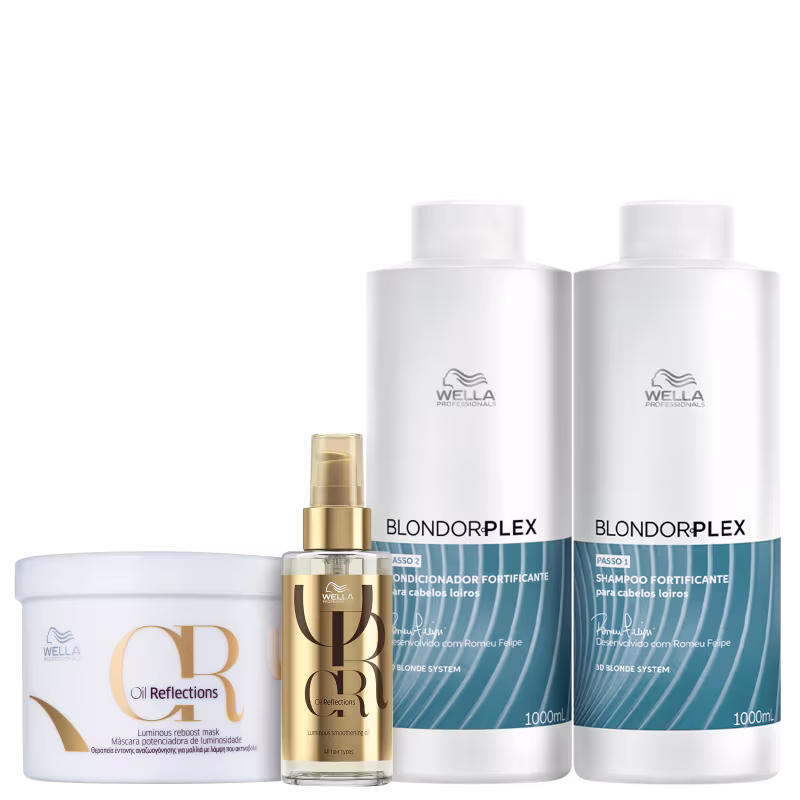Kit Wella Professionals BlondorPlex Oil Reflections com shampoo e condicionador de 1 litro, máscara de 500ml e óleo capilar de 100ml