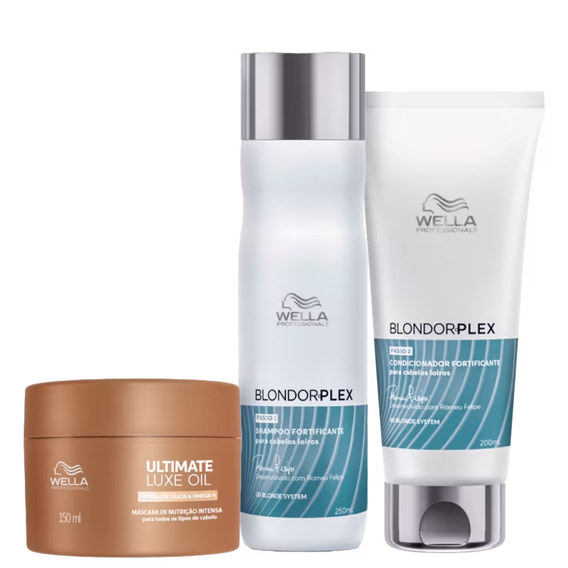 Kit Wella Professionals com shampoo e condicionador BlondorPlex  de 250ml e 200ml, respectivamente e máscara Ultimate Luxe Oil de 150ml
