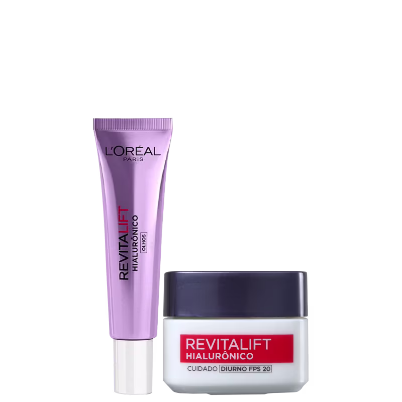 Kit com Creme Redutor de Linhas para Área dos Olhos Revitalift Hialurônico e Creme Facial Redutor de Linhas Revitalift Hialurônico Diurno FPS 20, da marca L'Oréal Paris.