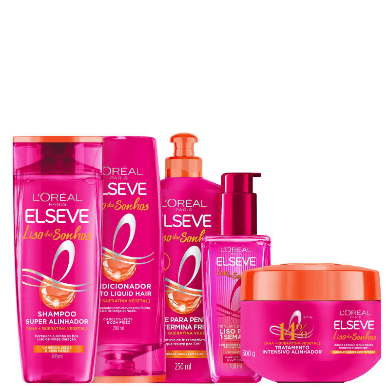 Kit com shampoo, condicionador, creme de pentear, máscara e sérum Liso dos Sonhos, da marca Elseve.