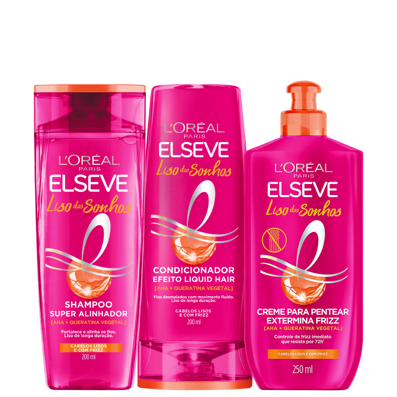 Kit com shampoo, condicionador e creme de pentear Liso dos Sonhos, da marca Elseve.