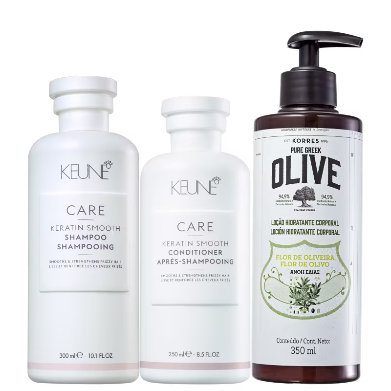 Kit Beleza na Web com shampoo e condicionador Keune Keratin Smooth e loção hidratante Korres Olive