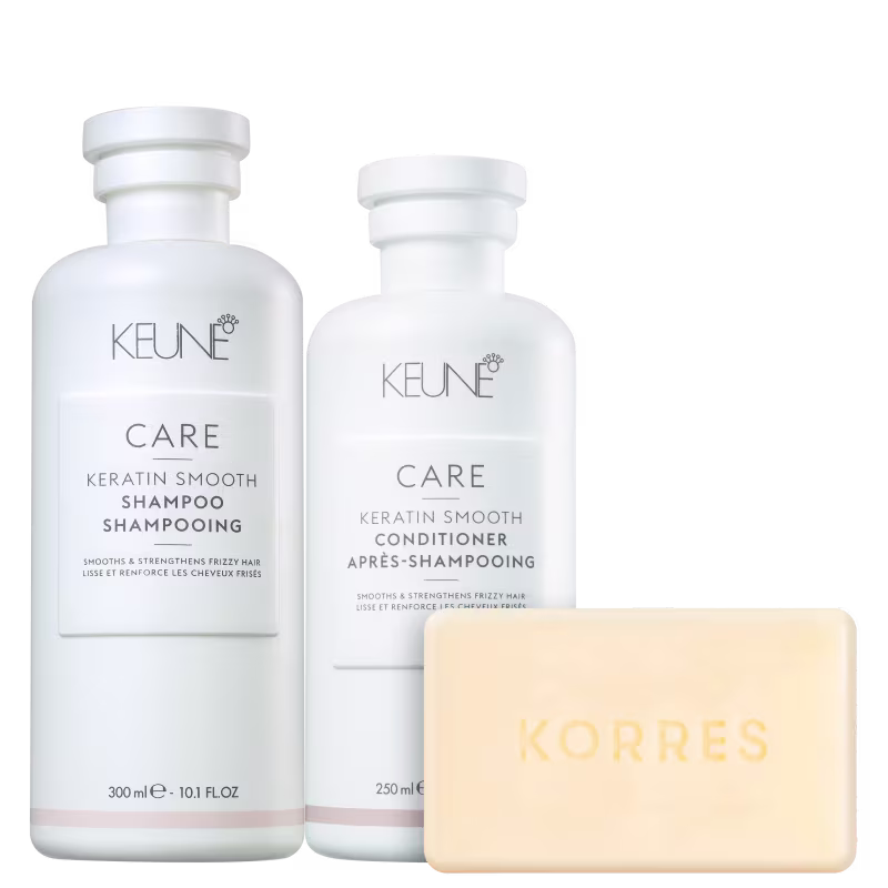 Kit Beleza na Web Shampoo e condicionador Keune Keratin Smooth + sabonete barra Korres Pimenta Rosa