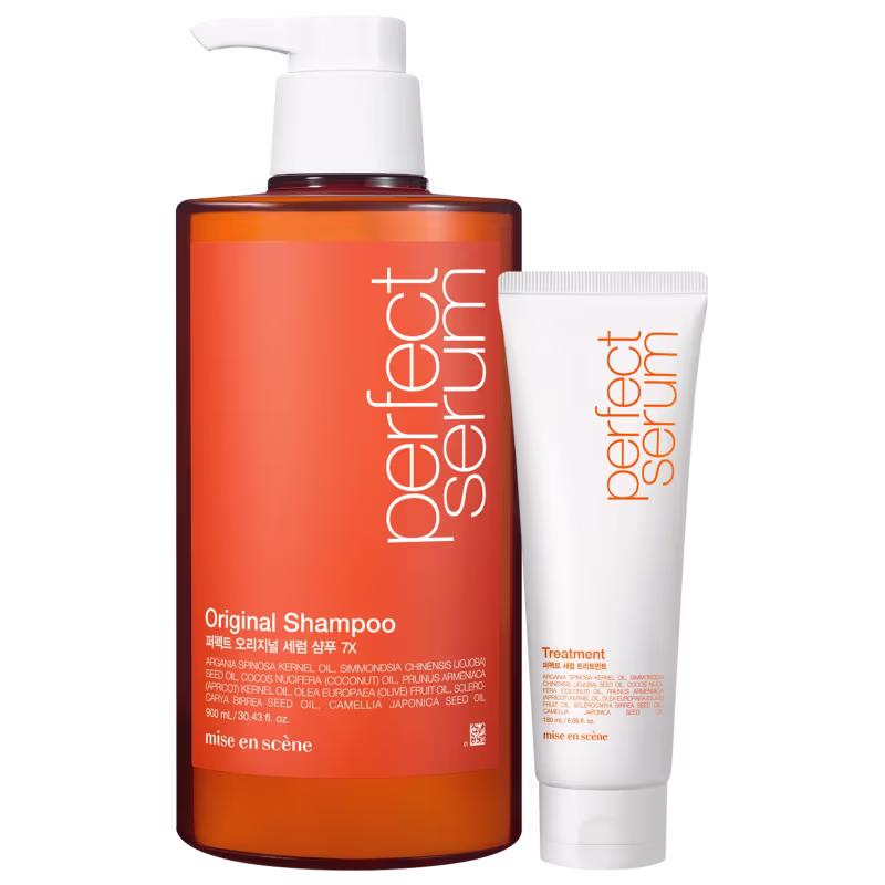O produto de beleza Mise en Scène consiste em um frasco de shampoo laranja e máscara capilar, da linha Perfect Serum.