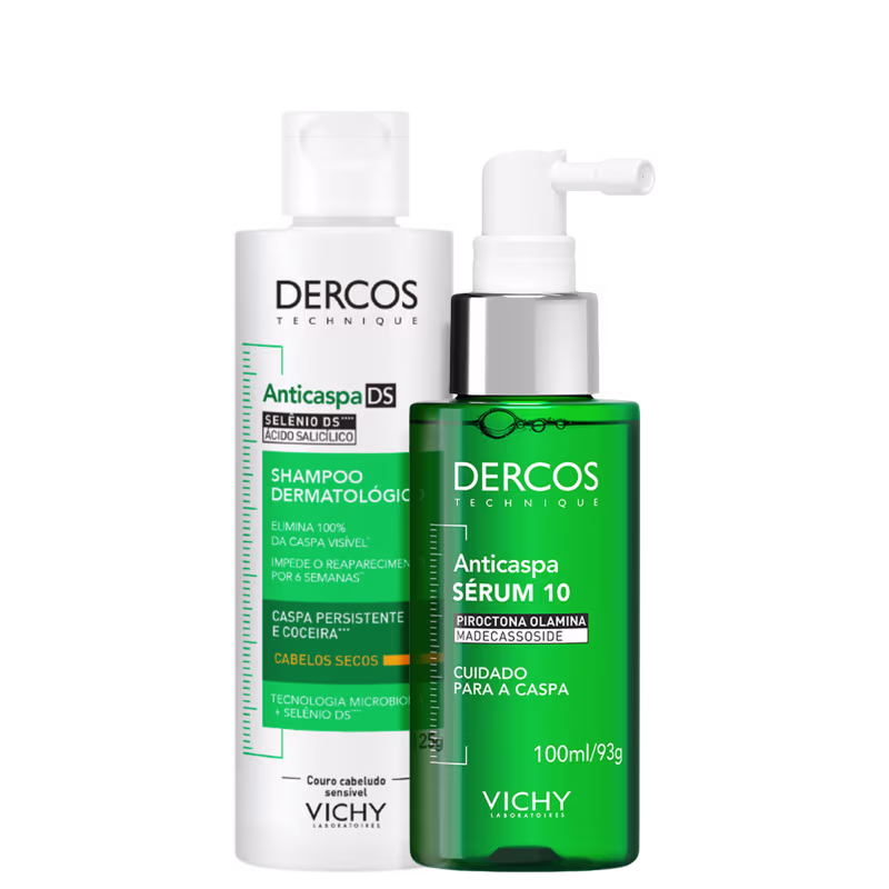Dois produtos da marca Vichy Dercos: um frasco de shampoo anticaspa para cabelos secos de 125g, e um frasco de serum anticaspa de 100ml