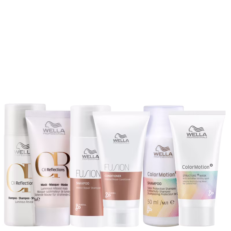 Produtos da marca Wella Professionals, incluindo shampoo, condicionador e máscara das linhas Color Motion, Fusion e Oil Reflections, com volume de 30ml e 50ml