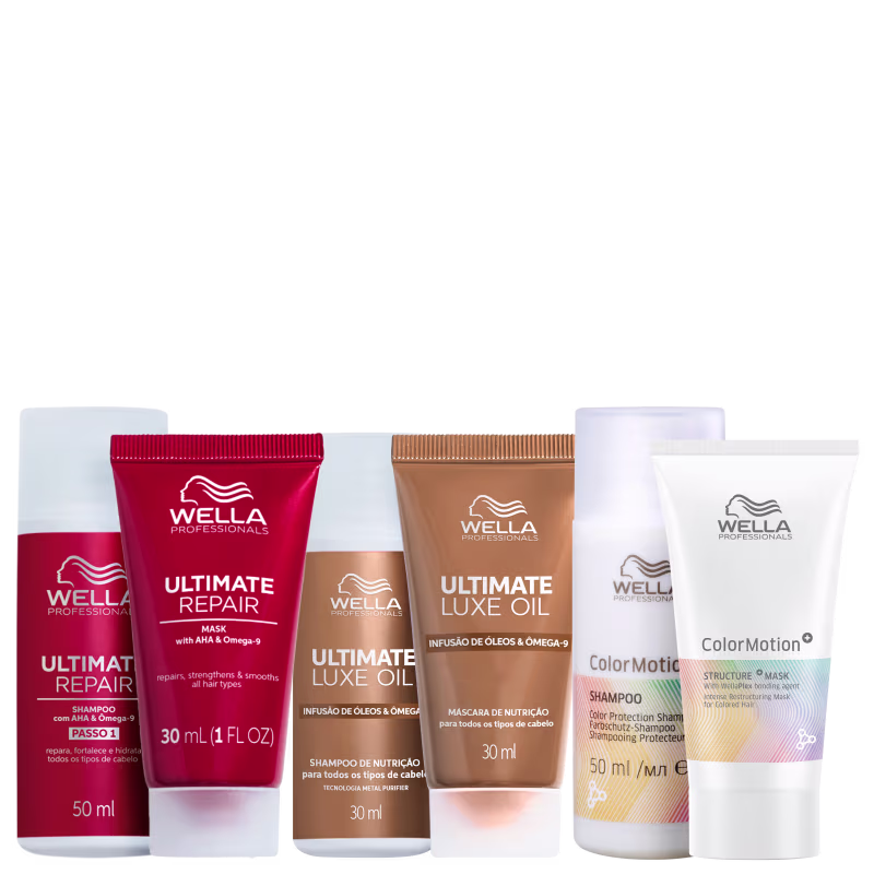 Produtos da linha Wella Professionals, incluindo shampoo e máscara das linhas Color Motion, Ultimate Repair e Ultimate Luxe Oil, com volumes de 30ml e 50ml.