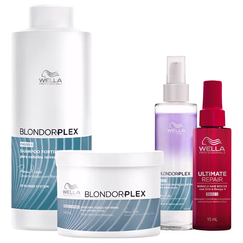 Kit Wella Professionals BlondorPlex + Ultimate Repair, 4 produtos.