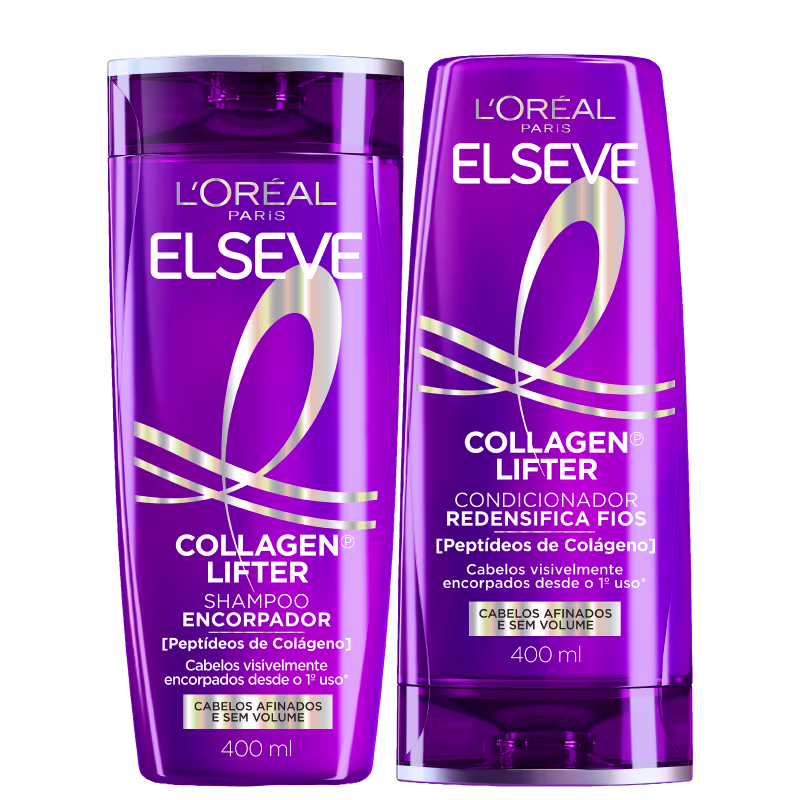 Dois frascos de shampoo e condicionador da linha Elseve Collagen Lifter da L'Oréal Paris, com embalagens roxas e detalhes em dourado, indicando o tratamento de colágeno para cabelos afinados e sem volume.