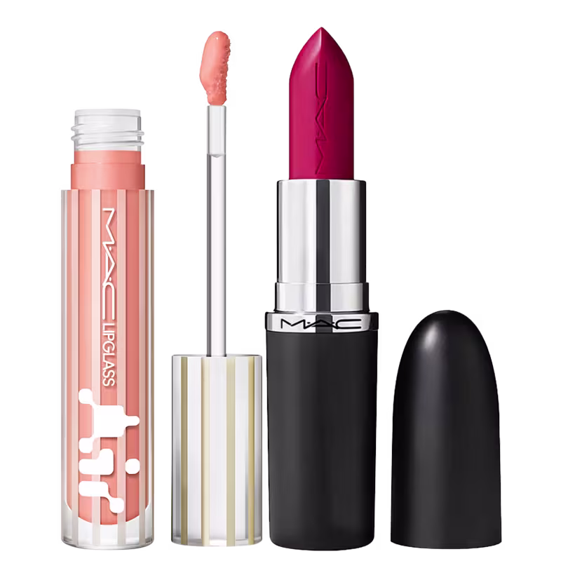 Kit M·A·C MACximal Satin Maraschino, Much? + Lipglass Airshine Behaved, 2 produtos.